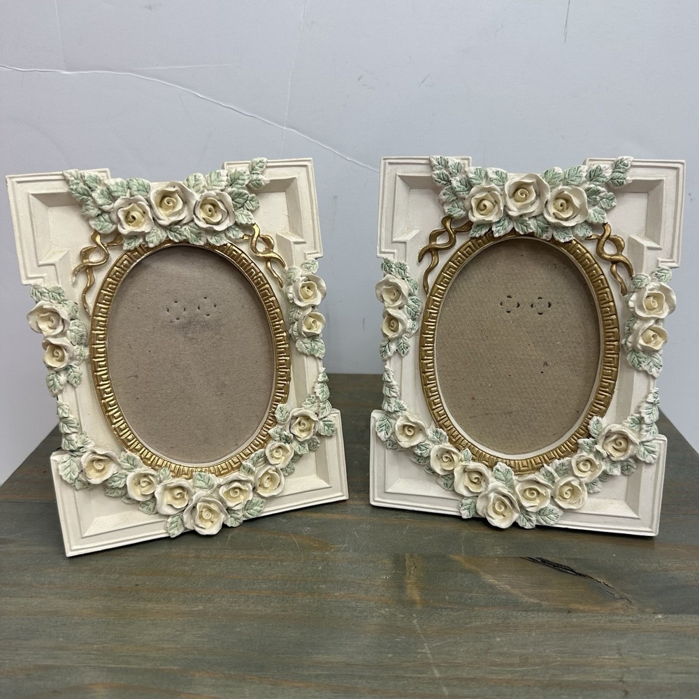 Set 2 Floral Picture Frame Wild Roses cottage Victorian Gold Cream Shabby Chic
